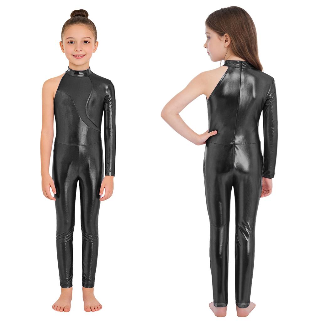 Girls Stage Performance Jumpsuit: Asymmetrical Metallic Mock Neck Mesh Patchwork Back Invisible Zipper Bodysuit Dancewear