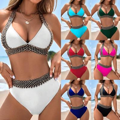 Solid Color Greek Goddess Style Bikini: Two-Piece Gathered Backless Swimsuit for Women.