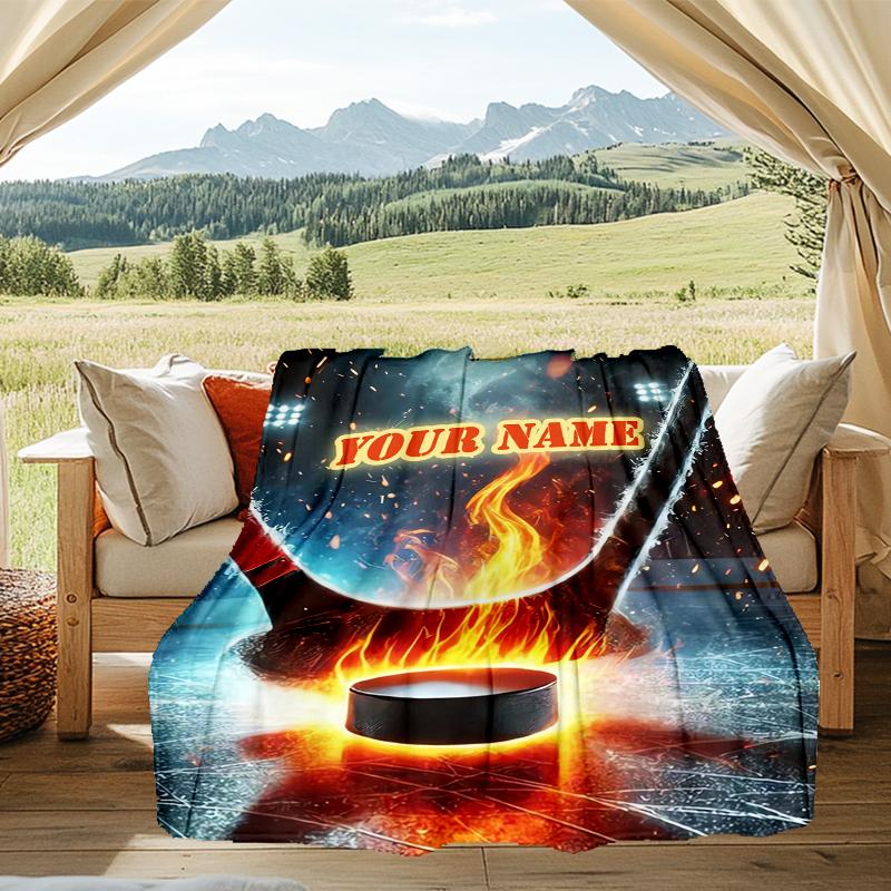 1PC Custom Name Hockey Stick" outdooor Flannel blankets Patterns Throw Blanket All-Season Soft Gift for Couch, Bed, Camping gifts