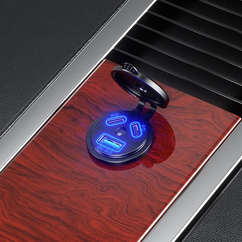 Double PD45W Fast Charging Car Charger Socket with LED Light Waterproof USB QC3.0 Charger Adapter for 12V/24V Car Boat