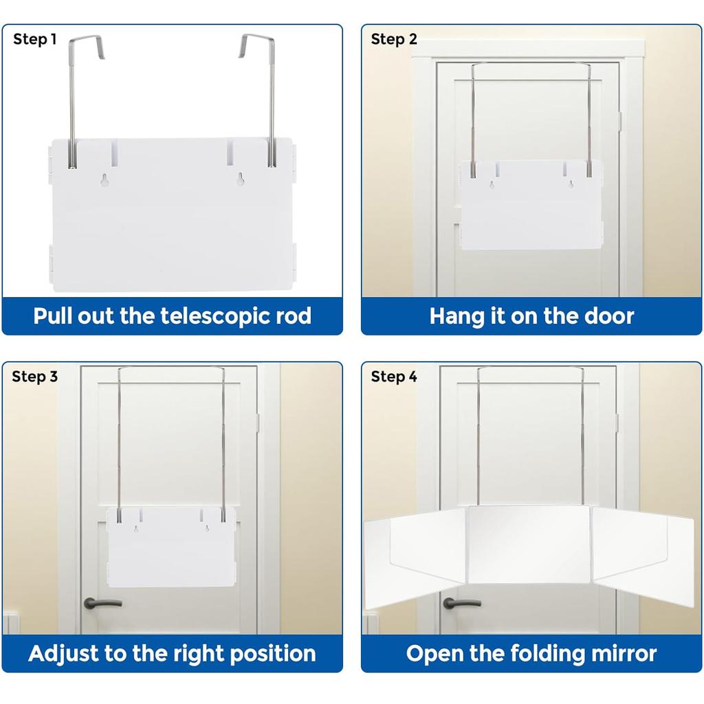 Trifold Shaving Mirror with Height Adjustable Telescoping Hooks for Self Hair Cutting Makeup Essential Fordable Portable White