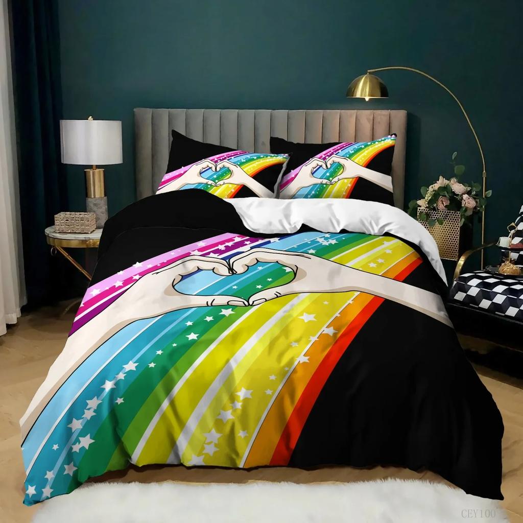 Regenbogen-Bettbezug, KingQueen-Size, LGBT, abstraktes Regenbogen-Herz-Bettwäscheset für Mädchen und Frauen, bunte Linien, weicher Bettbezug