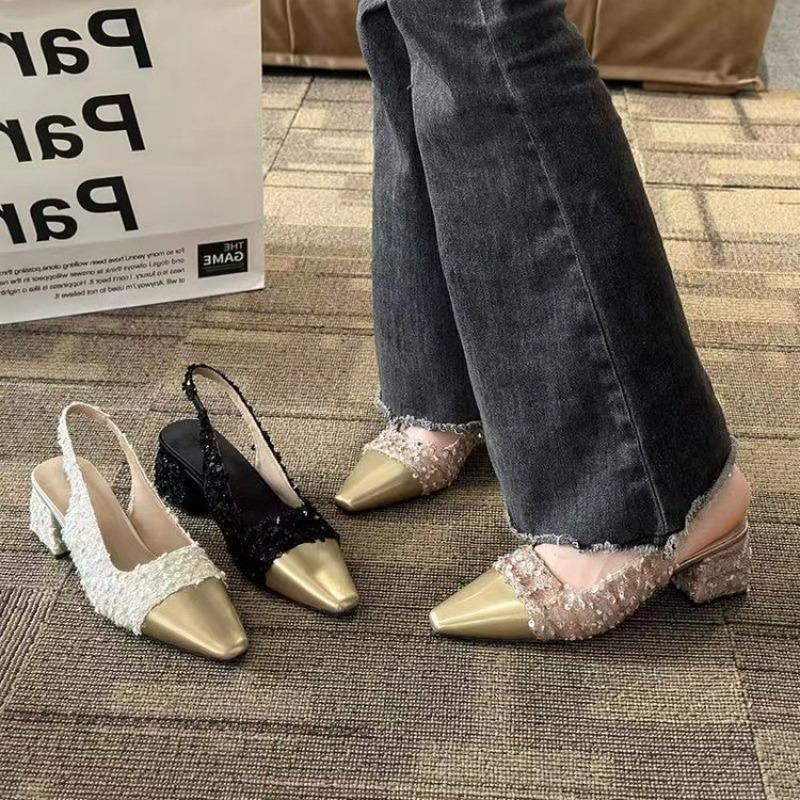 Fragrant Style Color Matching Square Head Thick Heel High Heel Single Shoes Women's New Elegant Temperament Light Mouth Empty Bag Head Sandals