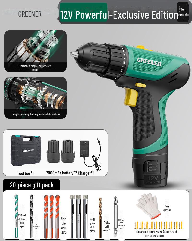 Green Forest Rechargeable Lithium Hand Drill - Multi-Function Electric Screwdriver for Household & Wall Drilling
