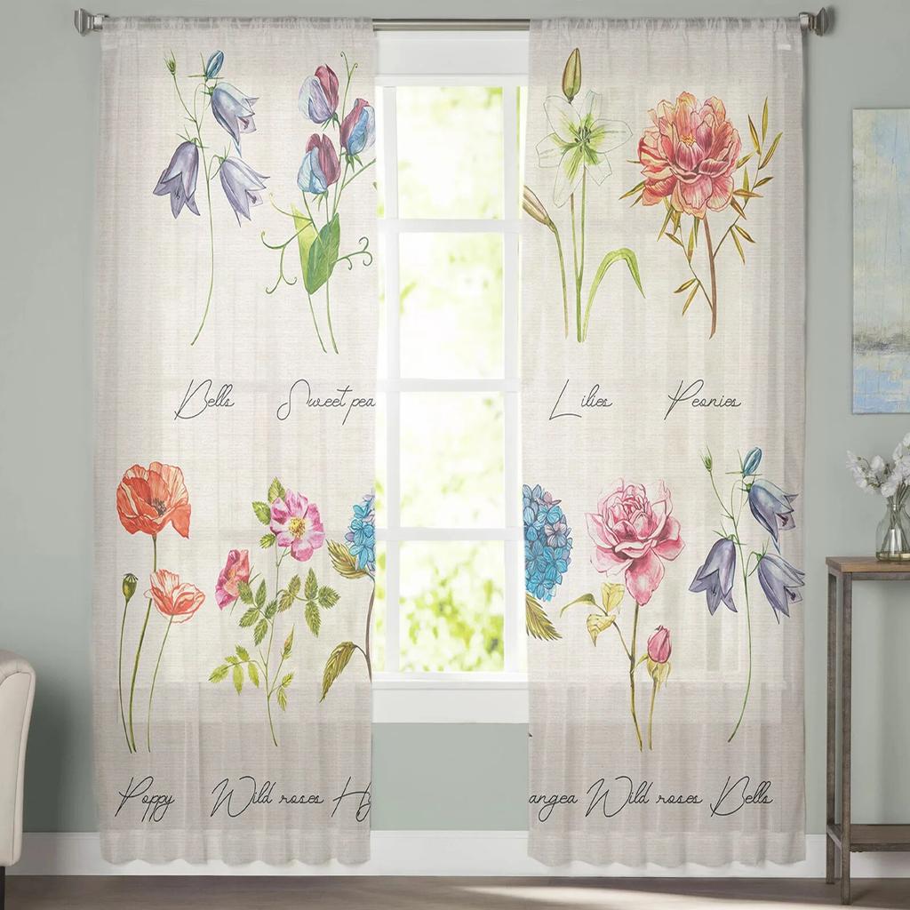 Vintage Flowers Herbaceous Plant Linen Texture Tulle Curtains For Living Room Kitchen Sheer Voile Curtain Bedroom Window Panels