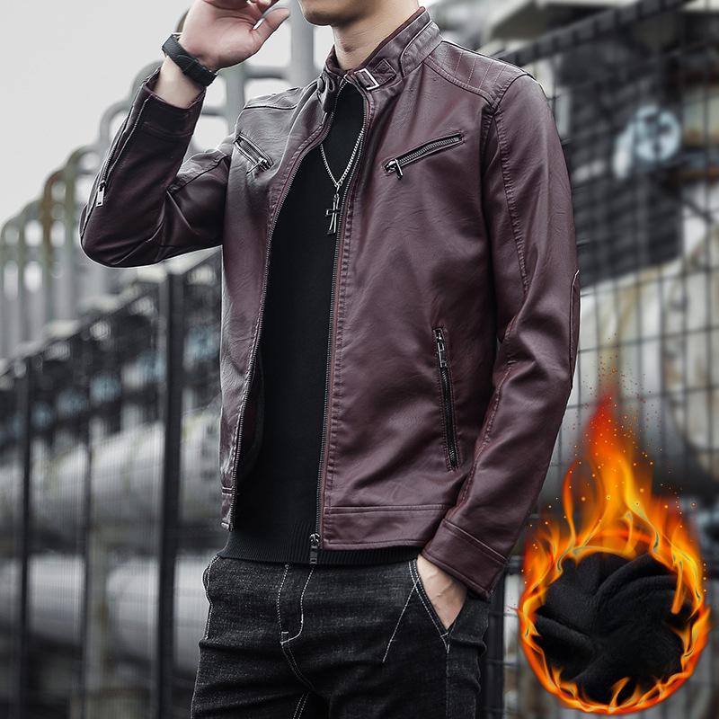 Men's Stand Collar Leather Jacket Autumn and Winter New Tops Men's Velvet Thickened Work Jacket