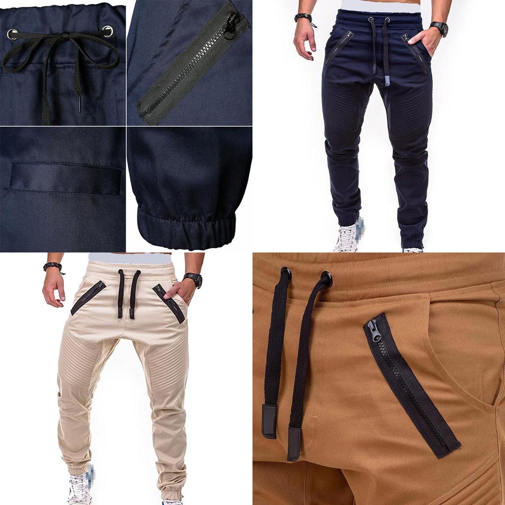 Men's Slim Fit Cuffed Trousers With Adjustable Waist And Multiple Pockets
