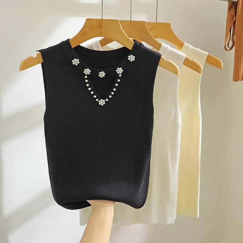 Letní pletená košile z korálků bez rukávů Dámská 2023 Ledová hedvábná tílka Žena Neformální Kancelář Dámská Halenka Slim Vest 27226