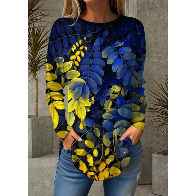 Fashion Women's T Shirt Tee Leaf 3D Print Casual Holiday Fashion Long Sleeve T-shirt Crew Neck Yellow Summer Sweatshirt Pullover