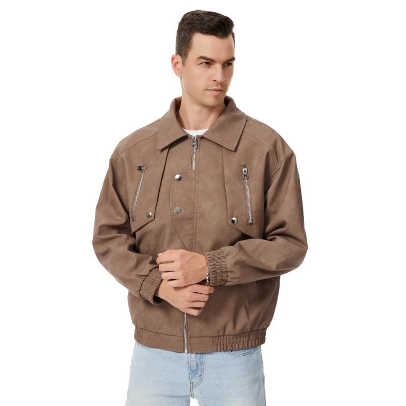 

Осень новая мужская американская трендовая марка одежда простой универсальный лацкан кожаная куртка свободная модная кожаная куртка 3XL кофейный