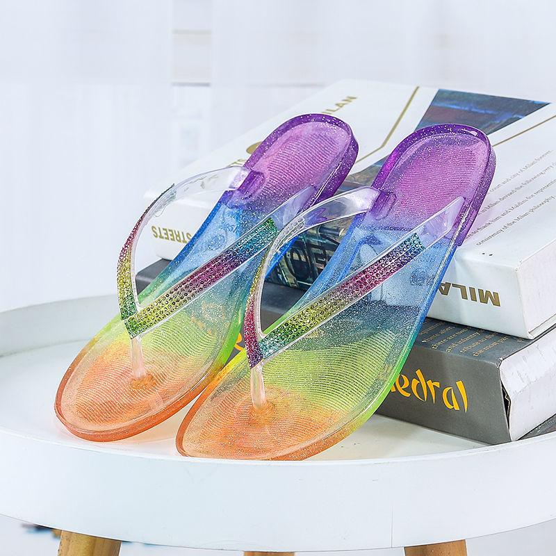 Mode Farbverlauf Flache Damen Hausschuhe Weiche Flip Flops Schuhe für Damen Kristall Hohe Qualität Sommer Pantoletten Sale 2025 Trend Auf Sandalen