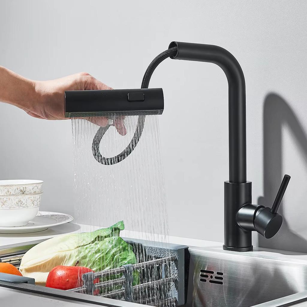 Gunmetal Grey Pull-out Kitchen Sink Faucet, Water Flow Spout, Stainless Steel, Hot and Cold Water Mixer, Deck Mounted Faucet