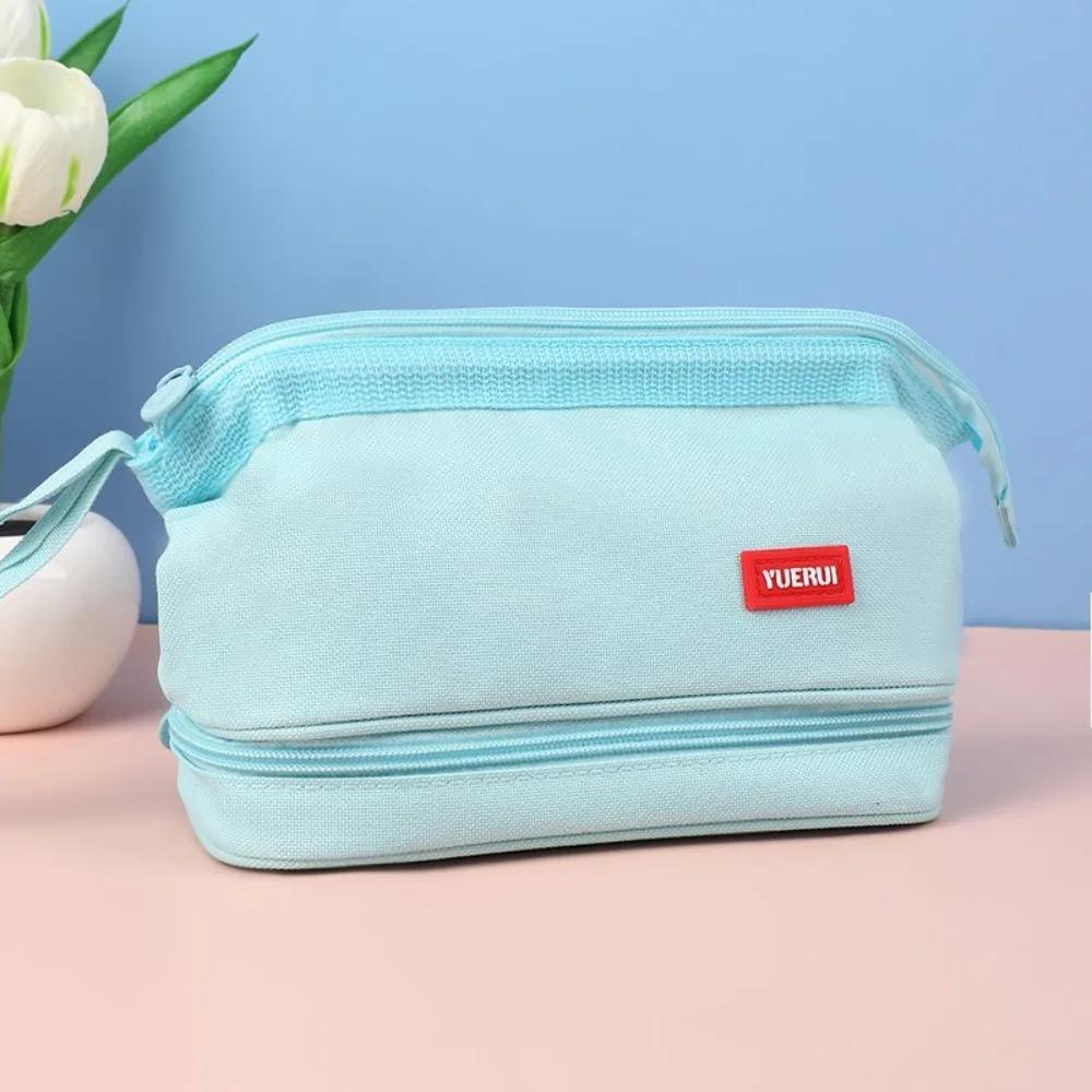 Simple Oxford Cloth Pencil Bag Double-layer Multifunctional Stationery Bag Portable Large Capacity Pen Case Gift