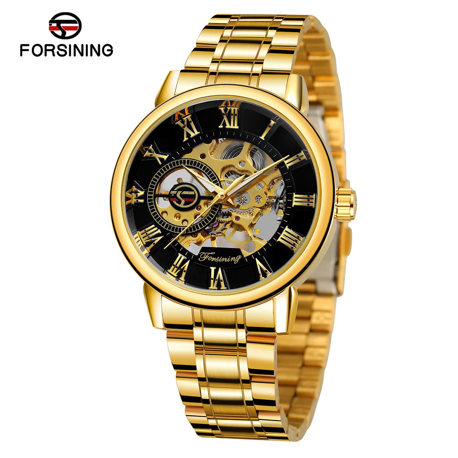 Forsining Men S Fashion Casual Steel Belt Roman Hollow, Mechanical Watch