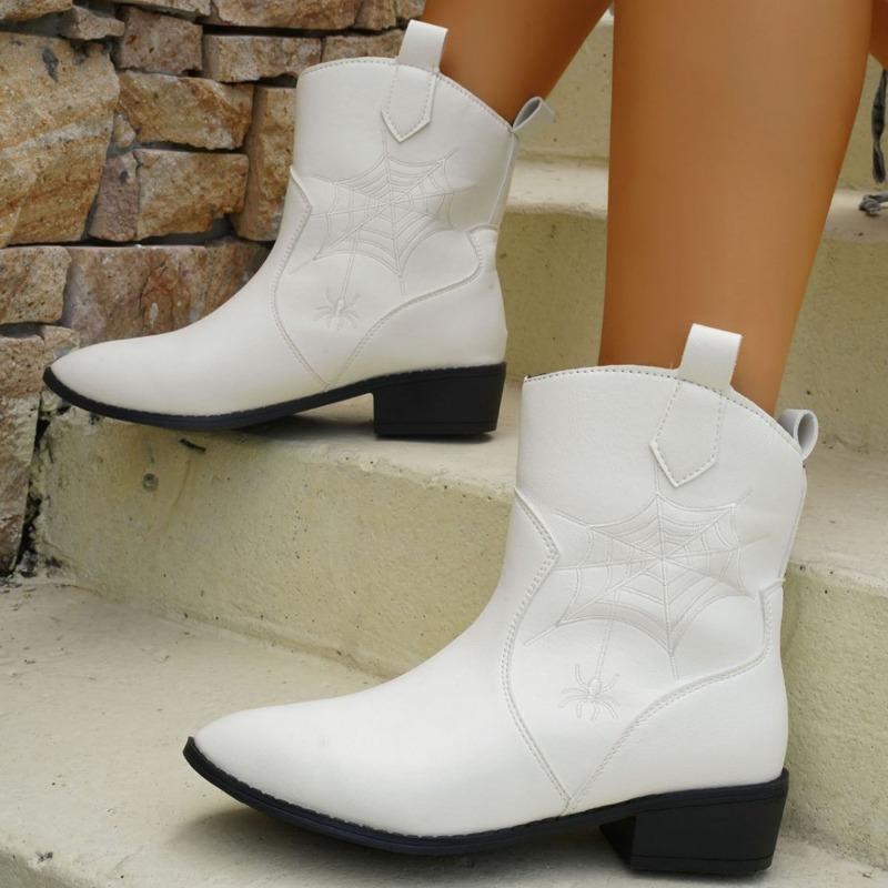 Damenstiefel für Herbst und Winter Spitz Zehen Quadratische Absätze Mid-calf Stickerei Retro Britischer Stil Stiefeletten