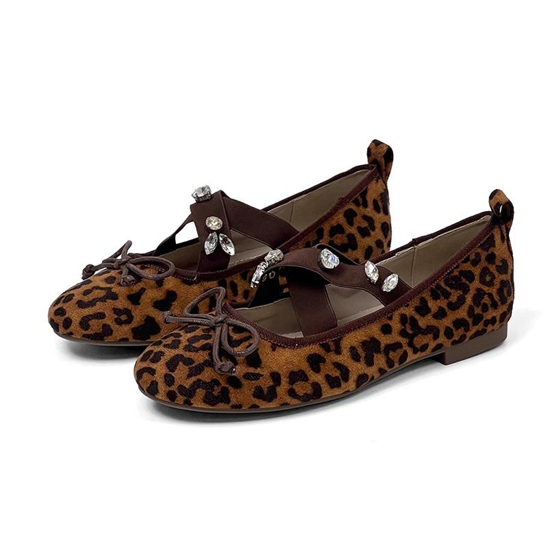 Elegant Embroidered Bow Design Ballet Flats Women Luxury Crystal Cross Tied Leopard Print Mary Jane Shoe Cozy Lightweight Loafer