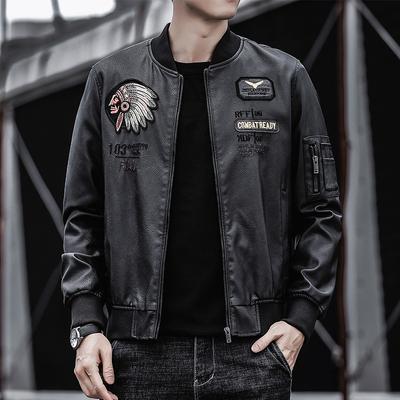 Herren PU Lederjacke Baseballkragen Bestickte Motorradjacke Herbst und Winter Lässige Trendige Lederjacke für Herren