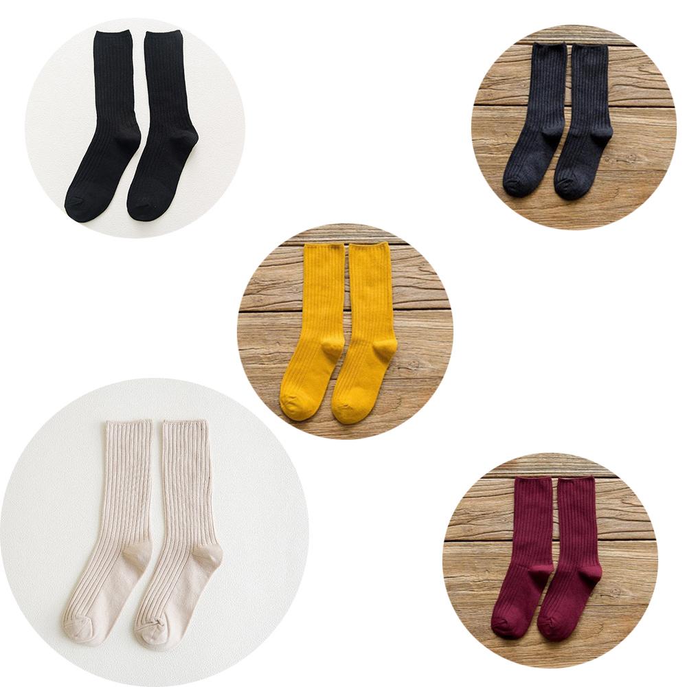 5 Pairs Solid Ribbed Crew Socks Women Mixed Color 4 Seasons Fit Loose Socks Set Daily Basic Sox