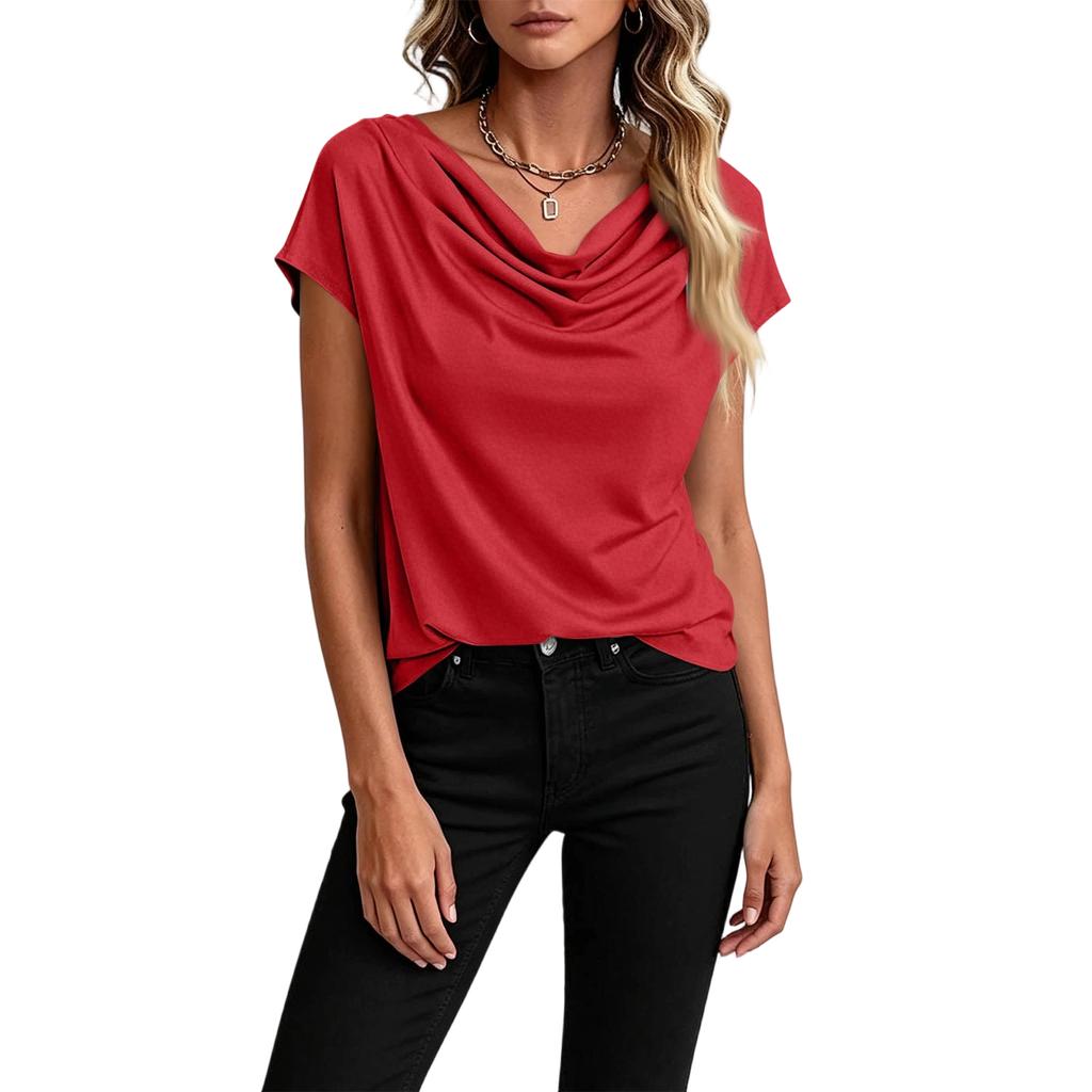Womens Casual Draped Neck Short Sleeve Top Lightweight Relaxed Fit Solid Color Blouse Suitable for Daily Wear and Various Occasions