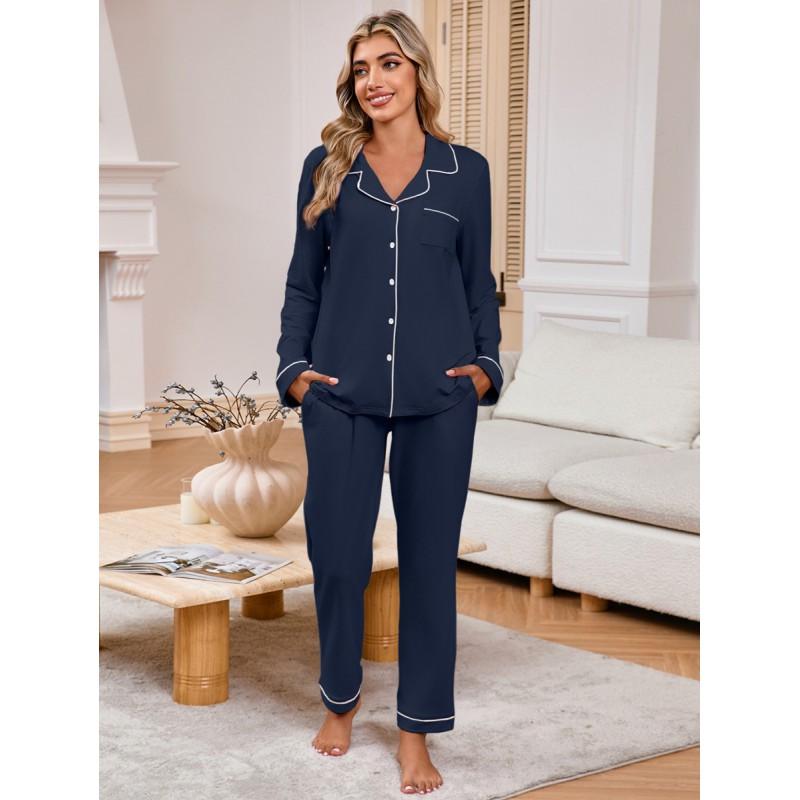 Womens Comfortable Lounge Set Long Sleeve Button-Up Top With Pocket Pants Casual Home Wear