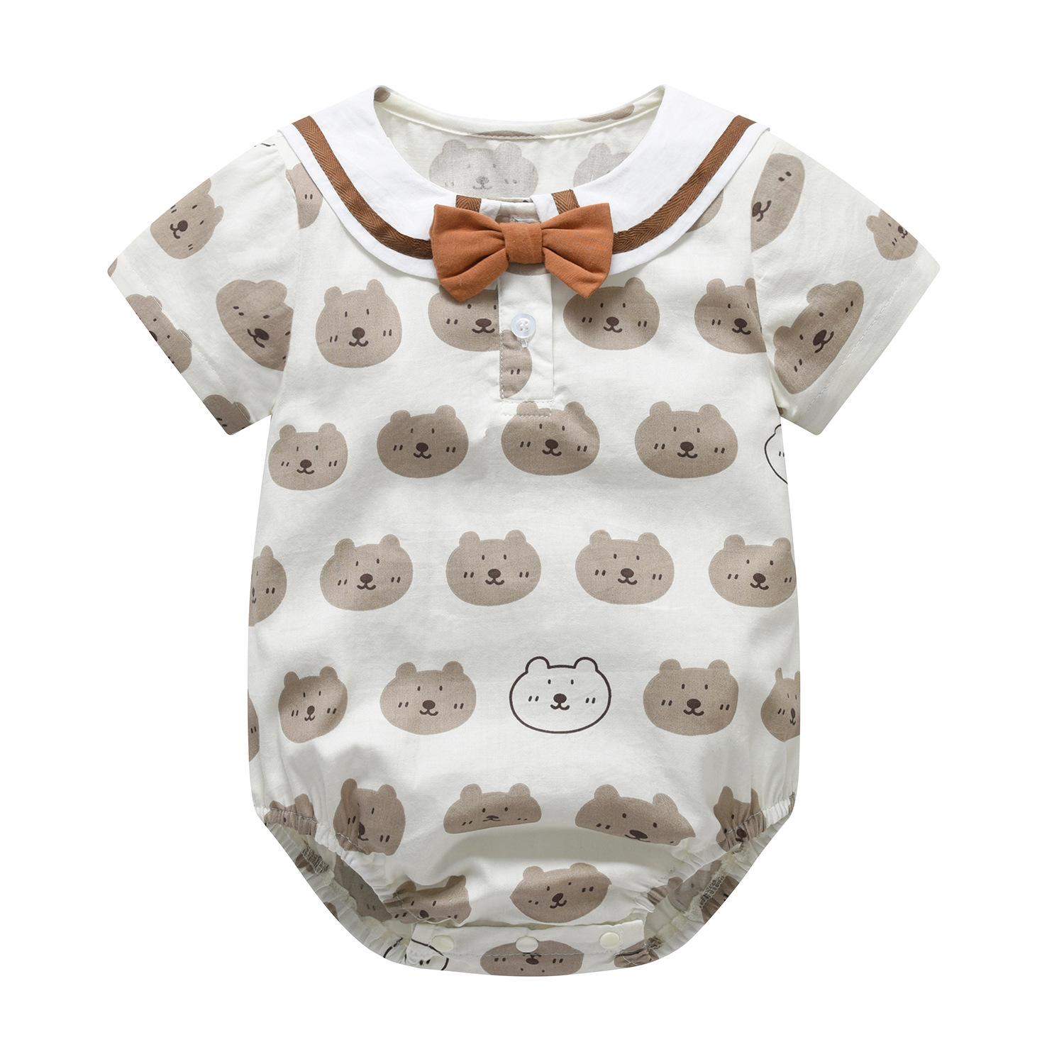 Summer Newborn Bear Cotton Bodysuit - Short Sleeve Lapel Romper 73 cm