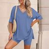 Women Two Piece Loungewear Set V Neck Short Sleeve Top and Shorts Relaxed Fit Soft Fabric Casual Outfit for Home or Daily Wear