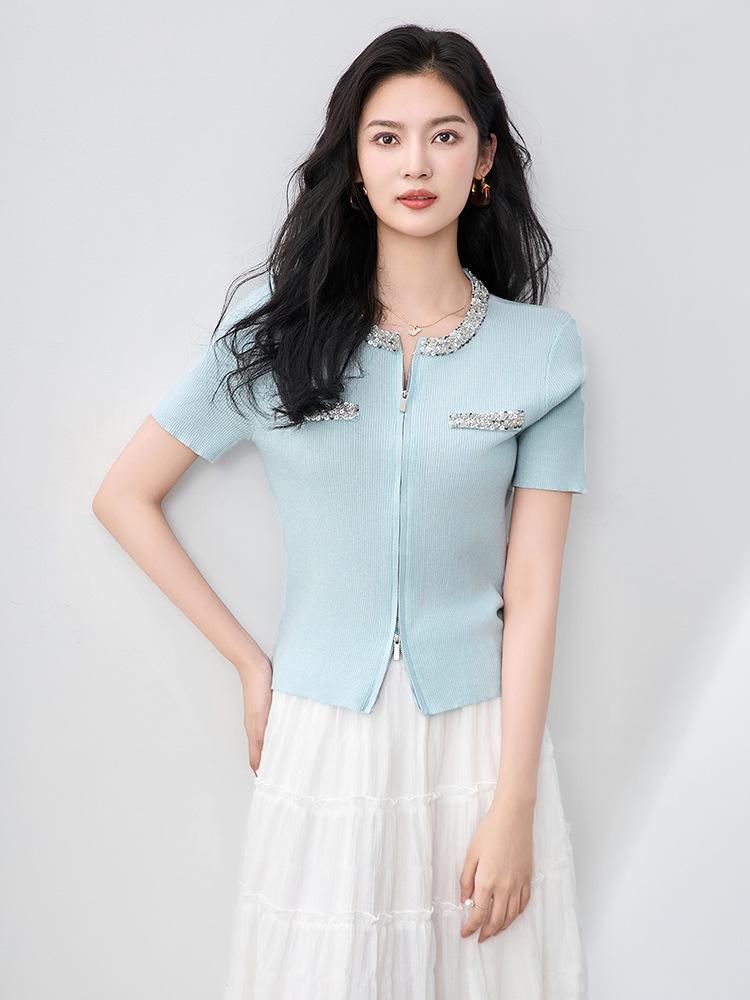 Heavy Industry Beaded Sequin Double Zipper Knit Cardigan - Short Sleeve Tencel