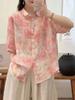 Johnature Women Vintage Print Floral Shirts Tops Turn-down Collar Seven Sleeve Blouses Summer Chinese Style Shirts