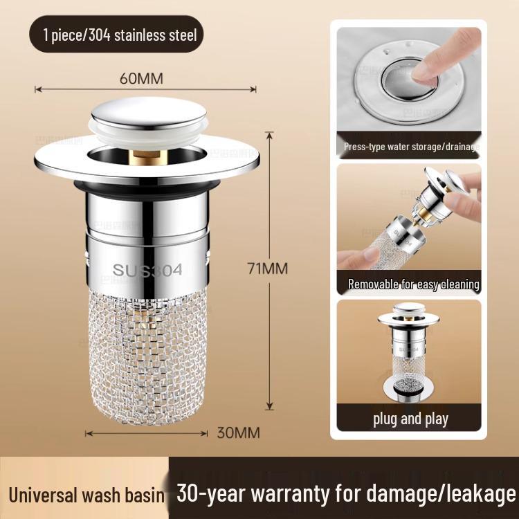 Press-Type Pop-Up Washbasin Drainer with Leak Stopper, Hair Catcher, Odor & Insect Repellent Filter