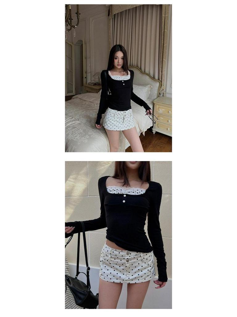 260g Cotton Modal Polka Dot Lace Patchwork Two-Piece Style Slimming Top