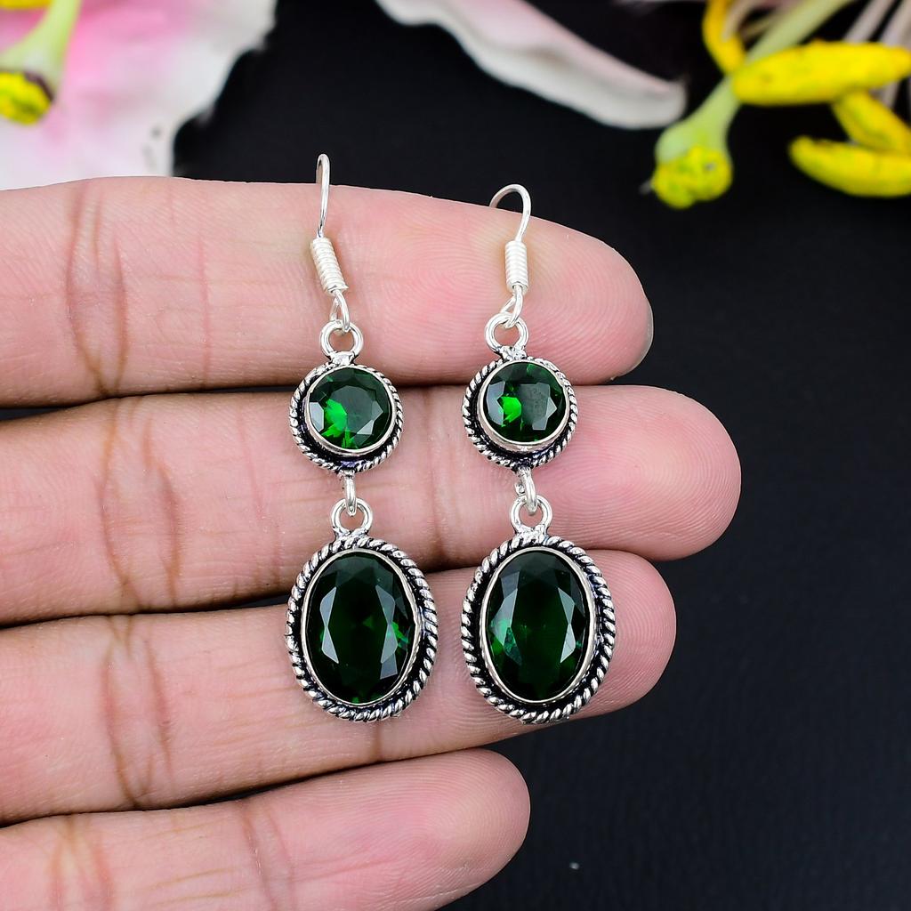 Chrome Diopside Gemstone Handmade 925 Sterling Silver Jewelry Earring 2.56" KG-431