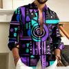 Trendiges Herren-Abstraktes Tribal Geometrisches Muster Langarmhemd, Hip-Hop Street Culture Urlaubs-Kragen Herrenhemd