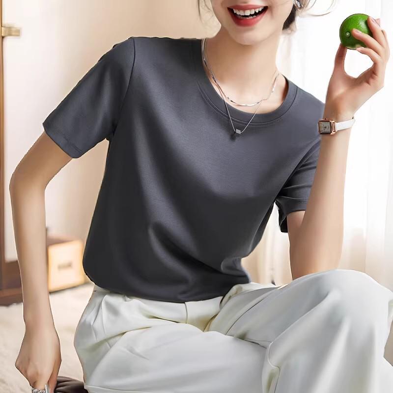 

Women s High-End White Mercerized Cotton T-Shirt - Summer 2026 Pure Cotton Short Sleeve, Round Neck, Loose Fit, Slimming Top S for 80-90 jin деревне вугілля/сірий колір