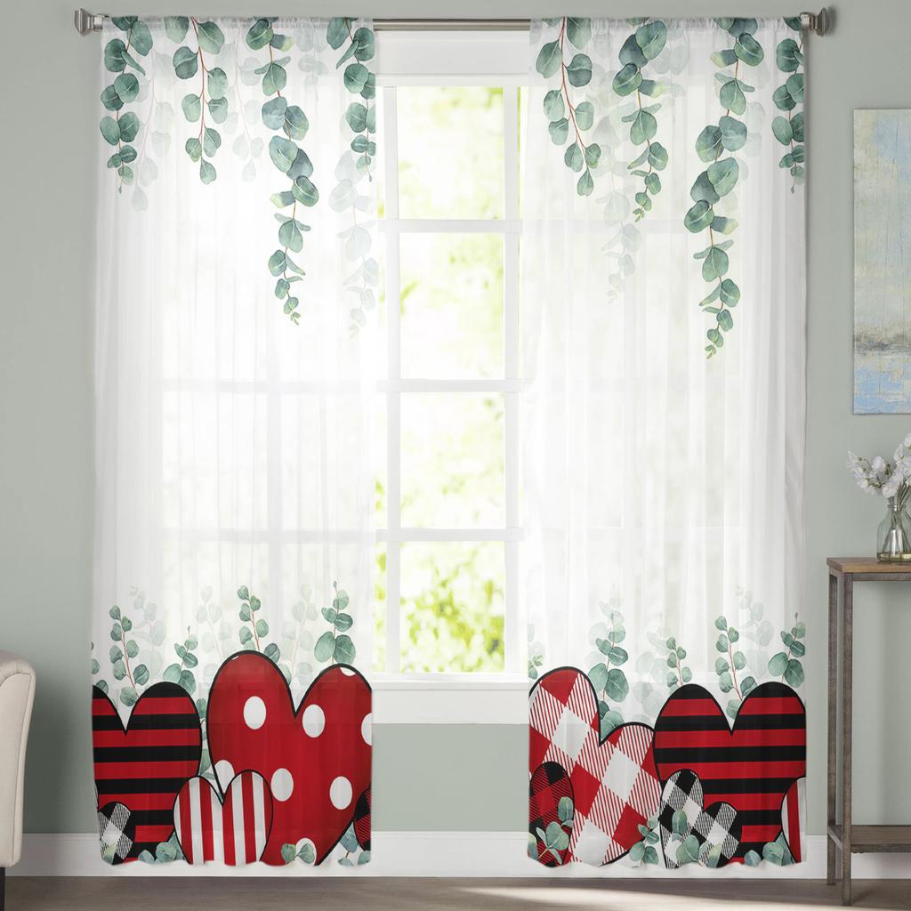 Perdele Transparente din Șifon cu Inimă de Eucalipt pentru Ziua Îndrăgostiților Pentru Decorarea Camerei de Zi, Dormitorului, Tulle pentru Fereastră, Draperii