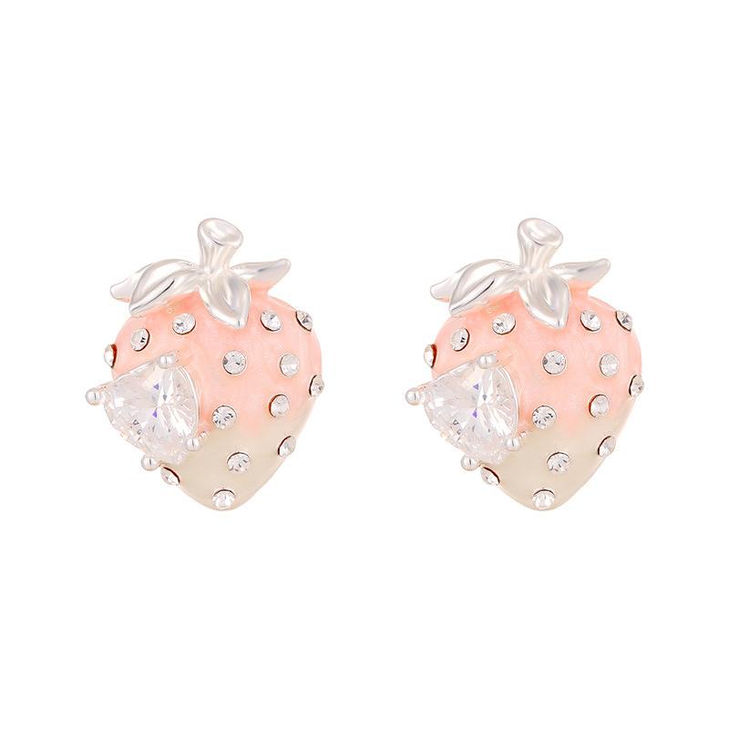 Exquisite Pink Strawberry Earrings for Women Light Luxury Zircon Heart-Shaped Earrings Y2K Girl Cute Jewelry Accessories