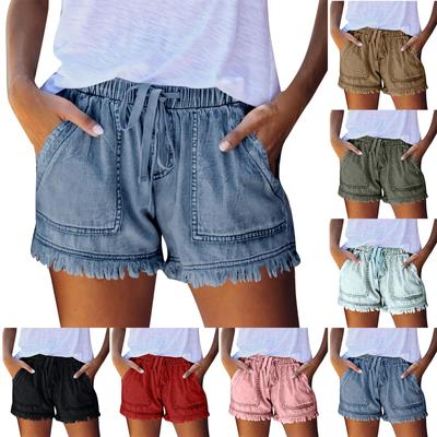 Women's Casual High Waist Drawstring Denim Shorts with Frayed Hem and Pockets Perfect for Summer Outfits