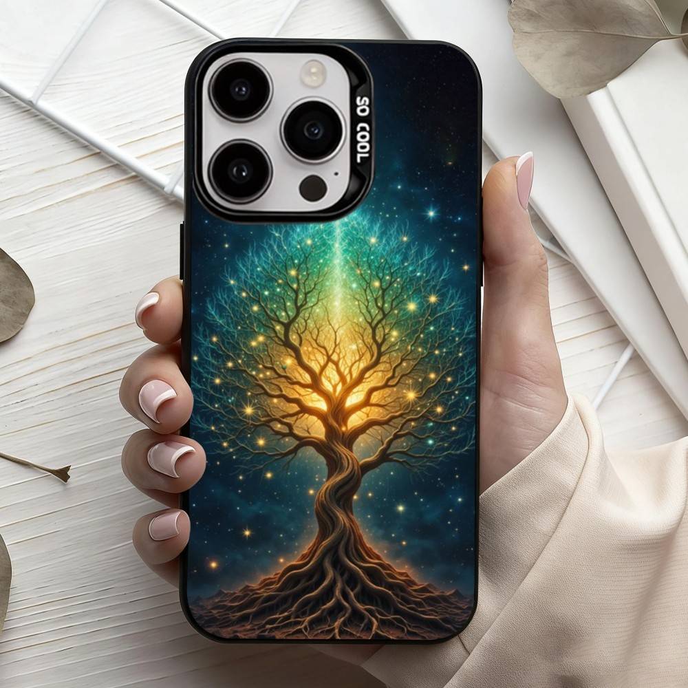 W-World L-Life Tree Mobile Phone Case For iPhone17,16,15,14,13,12,11 Plus,Pro Max Black Candy Silver Plated Cover