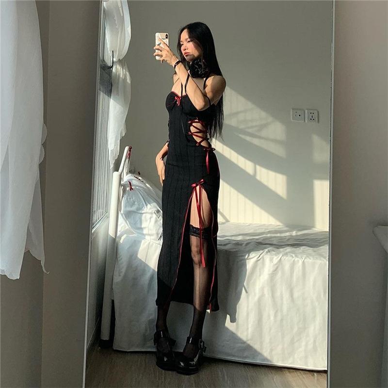 AltGoth Gothic Dark Midi Dress Dámské Vintage Fairycore Grunge Punk Y2k Hotsweet Pásek na špagety Dutý korzet Bodycon šaty