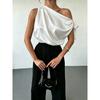 Women One Shoulder Satin Blouse With Bow Detail Elegant Sleeveless Party Tops