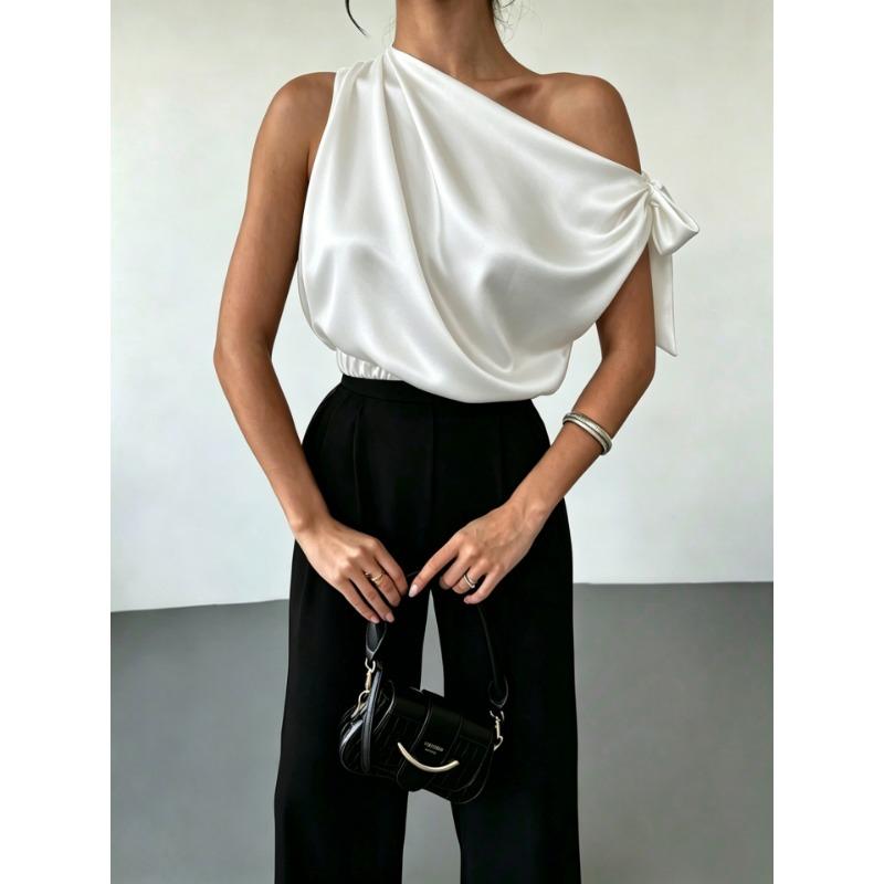 Women One Shoulder Satin Blouse With Bow Detail Elegant Sleeveless Party Tops
