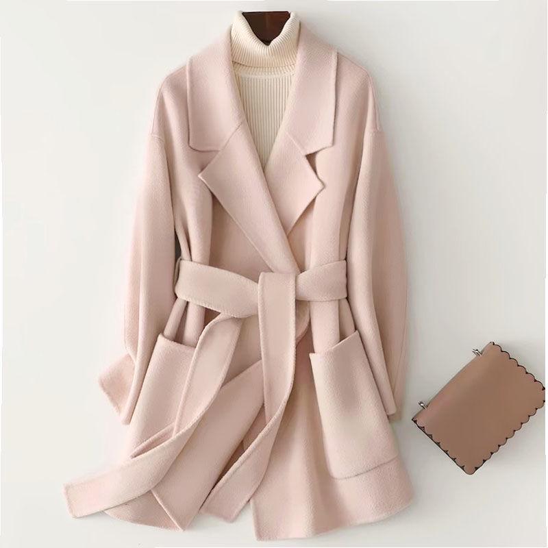 Women s Mid-Length Wool-Blend Coat - Korean Style, Trendy Autumn/Winter M 100-120 розовый