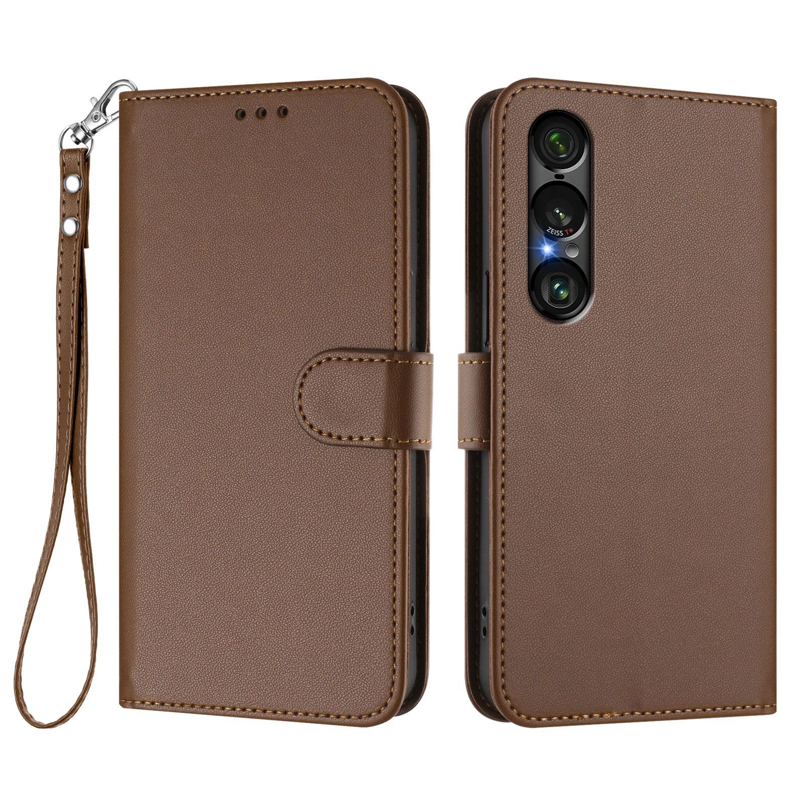 

For Sony Xperia 1 VII Leather Case Wallet Stand Phone Cover with Wrist Strap Brown