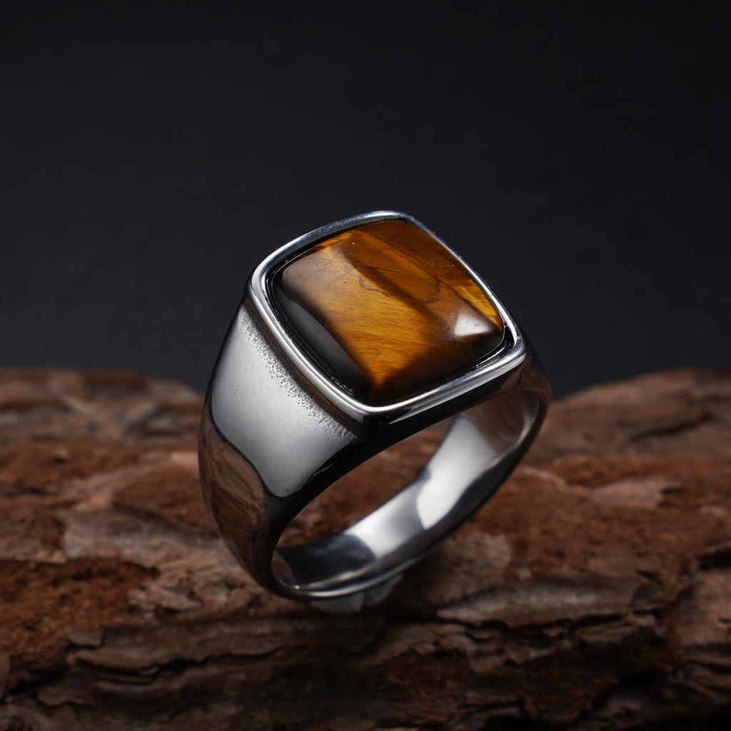 1 Stück Modischer Herren-Tigerauge-Steinring - 316L Edelstahl Klassischer Minimalistischer Business-Stil Ring