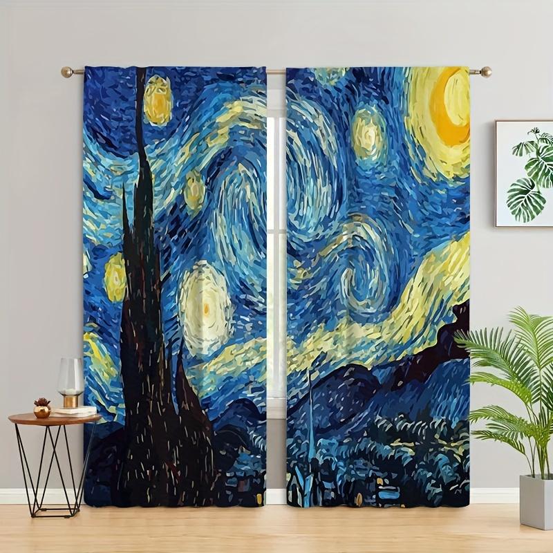 2pcs Van Gogh Starry Sky OilPainting Print Curtains Rod Pocket Curtain For Living Room Bedroom Office Kitchen Study Home Decor