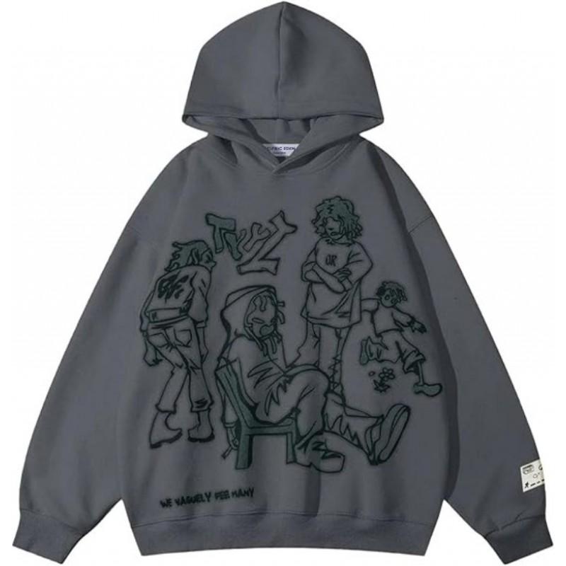 Oversized Hooded Sweatshirt Men Women Streetwear Loose Fit Graphic Print Long Sleeve Pullover Casual Jacket