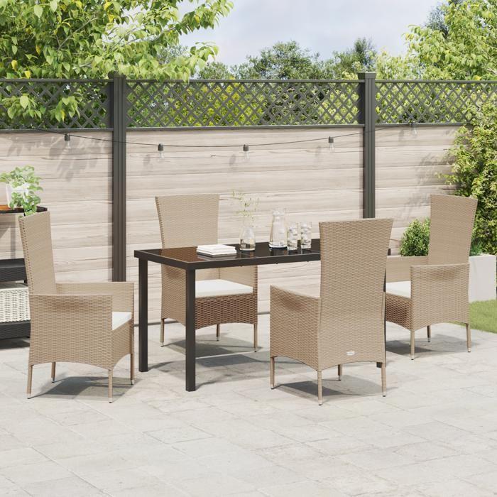 Ensemble de repas 5 pièces avec coussins en rattan poly beige 3379459