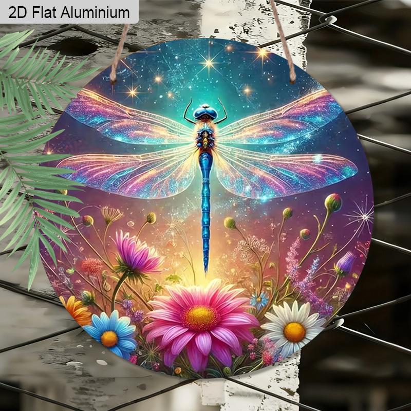 2D Flat Aluminum Colorful Dragonfly Metal Wall Decor Round Sign - Fantasy Garden Insect with Wildflowers & Starry Night Art - Whimsical Hanging