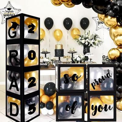 2025 Graduation Party Decorations - 77 PCS Black, Gold, White Balloon Boxes Set with GRAD Letters & Balloons, Class of 2025 Supplies