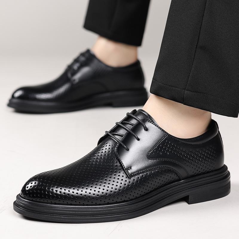 Leather Shoes Men's 2025 Hollow Summer Breathable Business Dress Leather Shoes In the UK Increase 8CM Groom Wedding Shoes Tide