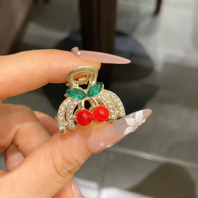 2Pcs Cherry Hairpin Small Side Claw Clip Sparkling Rhinestones Accent Zinc Hairpin For Women Girls Party Daily Use